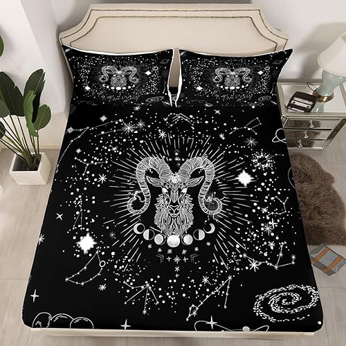 Vista 69 de Erosebridal Aries - Sábana bajera ajustable tamaño matrimonial, sábanas psicodélicas celestiales, sábanas de galaxia trippy de doce constelaciones