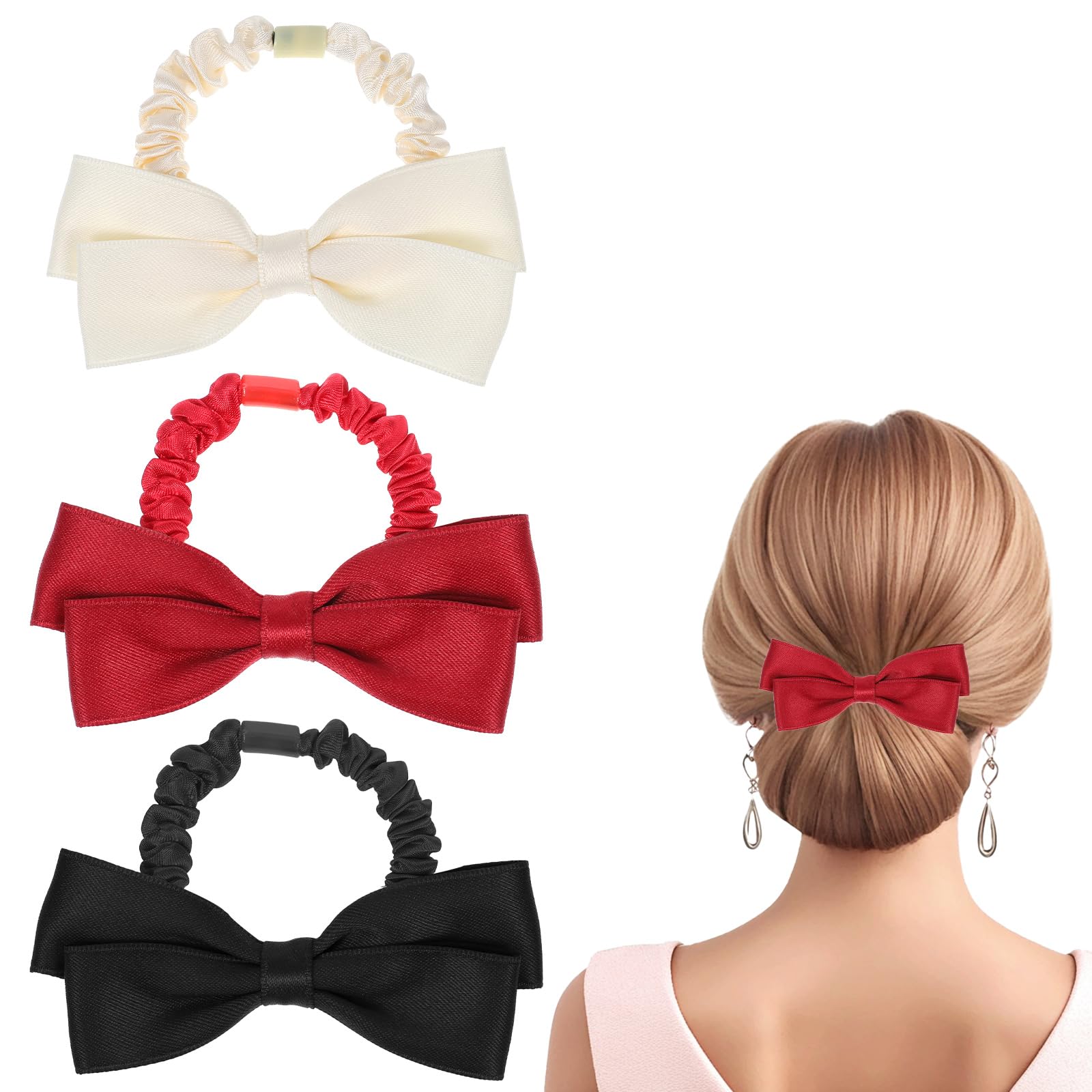 Molain 3 Pcs Silk Bow Scrunchies, Black Red White Bowknot Hair Ties Ropes Hair Ropes for Women Girls Bowknot Scrunchy Hair Accessories Ponytail Holder for Thick Thin Long Hair