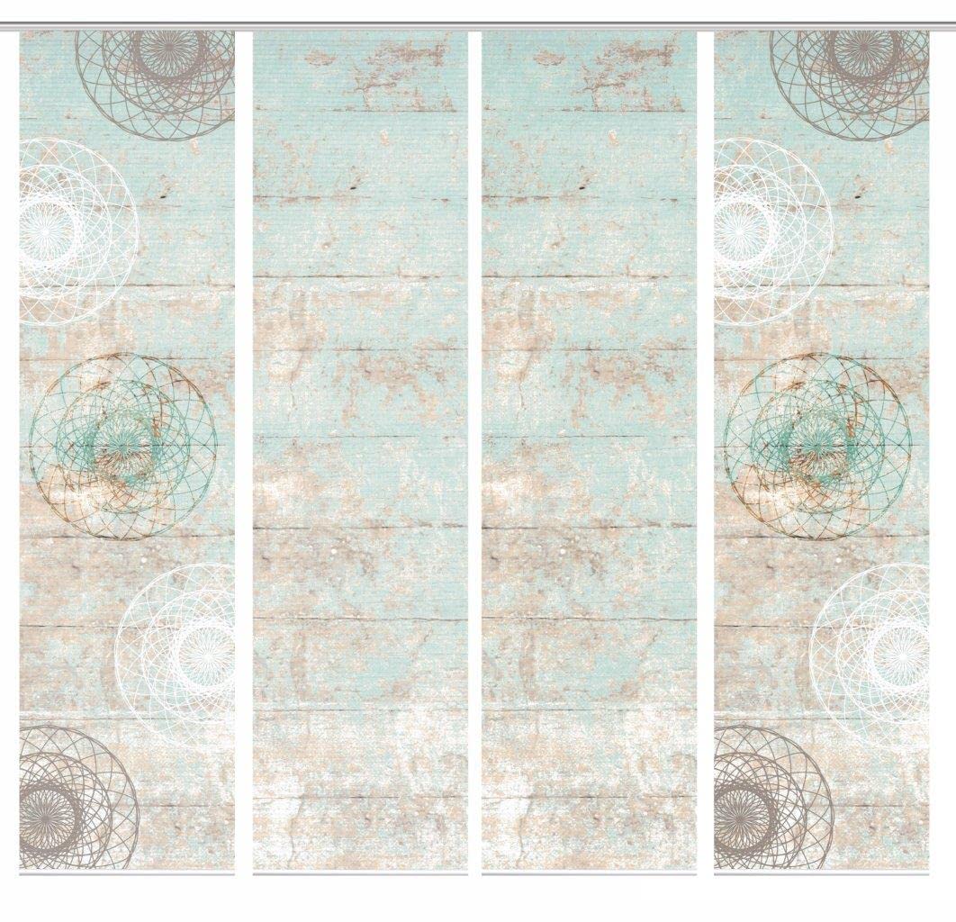 84089 MANDRIGA Schiebegardine aus recyceltem Polyester, Farbe:mint, Größe:245 x 60 cm, Anzahl:4er-Set (2X Motiv. 2X Uni)