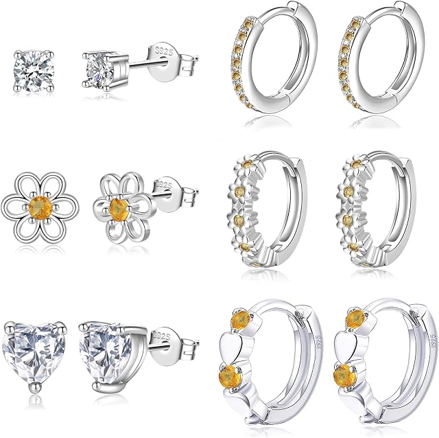 6 Pairs Huggie Hoop Earrings for Girls 925 Sterling Silver Stud Sets Cute Kids Heart Hoops Tiny Cubic Zirconia Flower Stud Small Hypoallergenic Cartilage Sleeper Earrings for Teen Toddler Childs Women