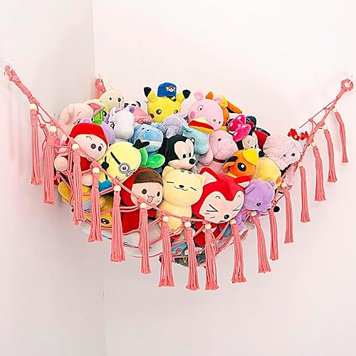 MAKEONEWO - Hamaca de juguete de peluche colgante, hecha a mano, organizador grande de macramé rosa, soporte de red de juguetes de peluche para
