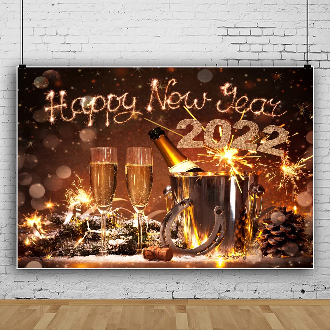 Leowefowa 9x6ft New Year 2026 Backdrop Lucky Horseshoe Photography Background Champagne Fireworks Bokeh Merry Christmas Vinyl Photo Backdrop New Year