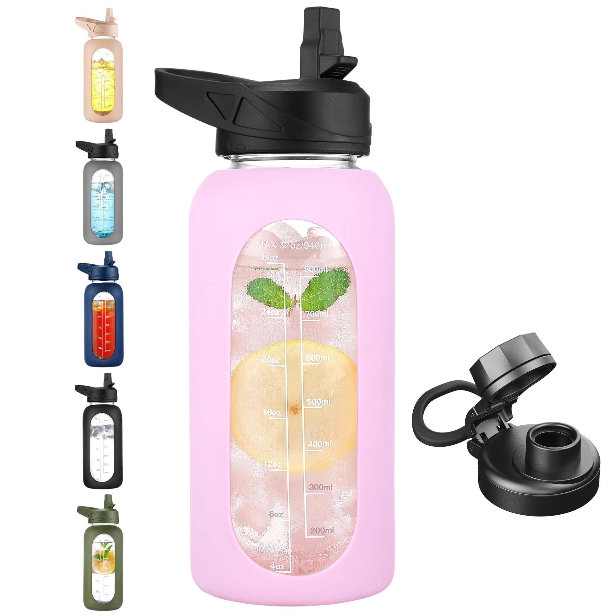CIVAGO 32 oz Glass Water Bottle with Straw and Handle, Large Sports Motivational Water Bottle Flask with Time Marker and 2 Lids, Leakproof Water Jug Canteen with Silicone Sleeve for Gym,Lavender