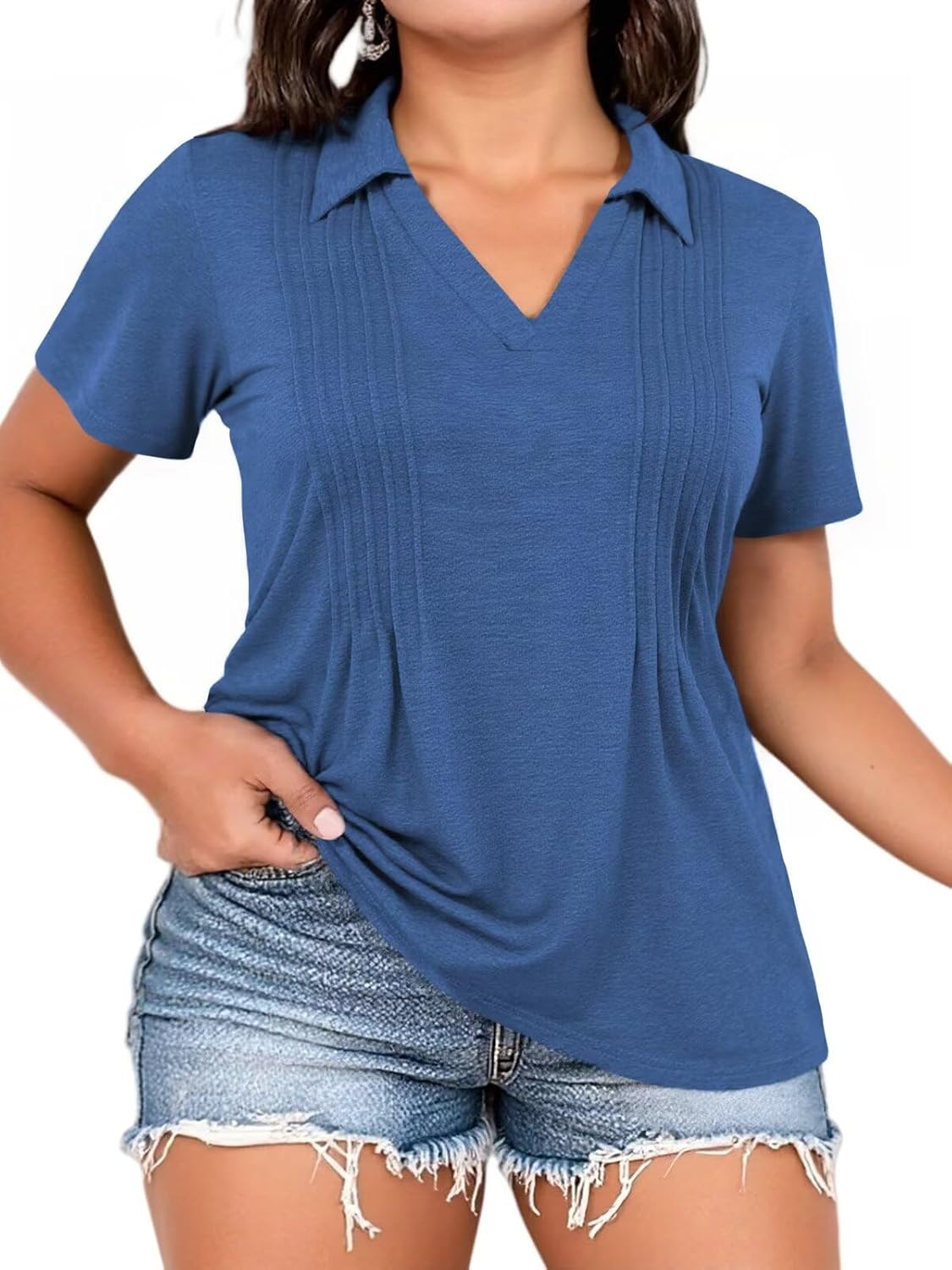 Plus-Size-Summer-Tops for Women Casual Collared V Neck Polo Shirts Business Pleated Tunics Trendy Short Sleeve Blouses - Image 3