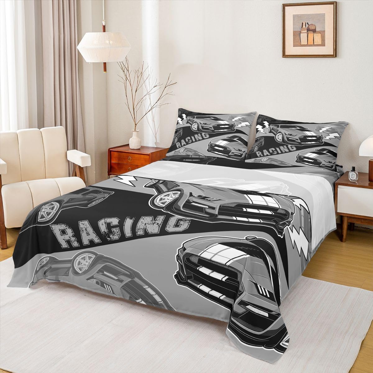 Erosebridal Purple Race Car Bed Sheets Set Full for Boys Girls,Kids Sports Car Bedding Set Race Car Decor for Toddler Boys Room,Cool Cars Sheets Breathable Racing Car Fitted Sheet Set 4Pcs