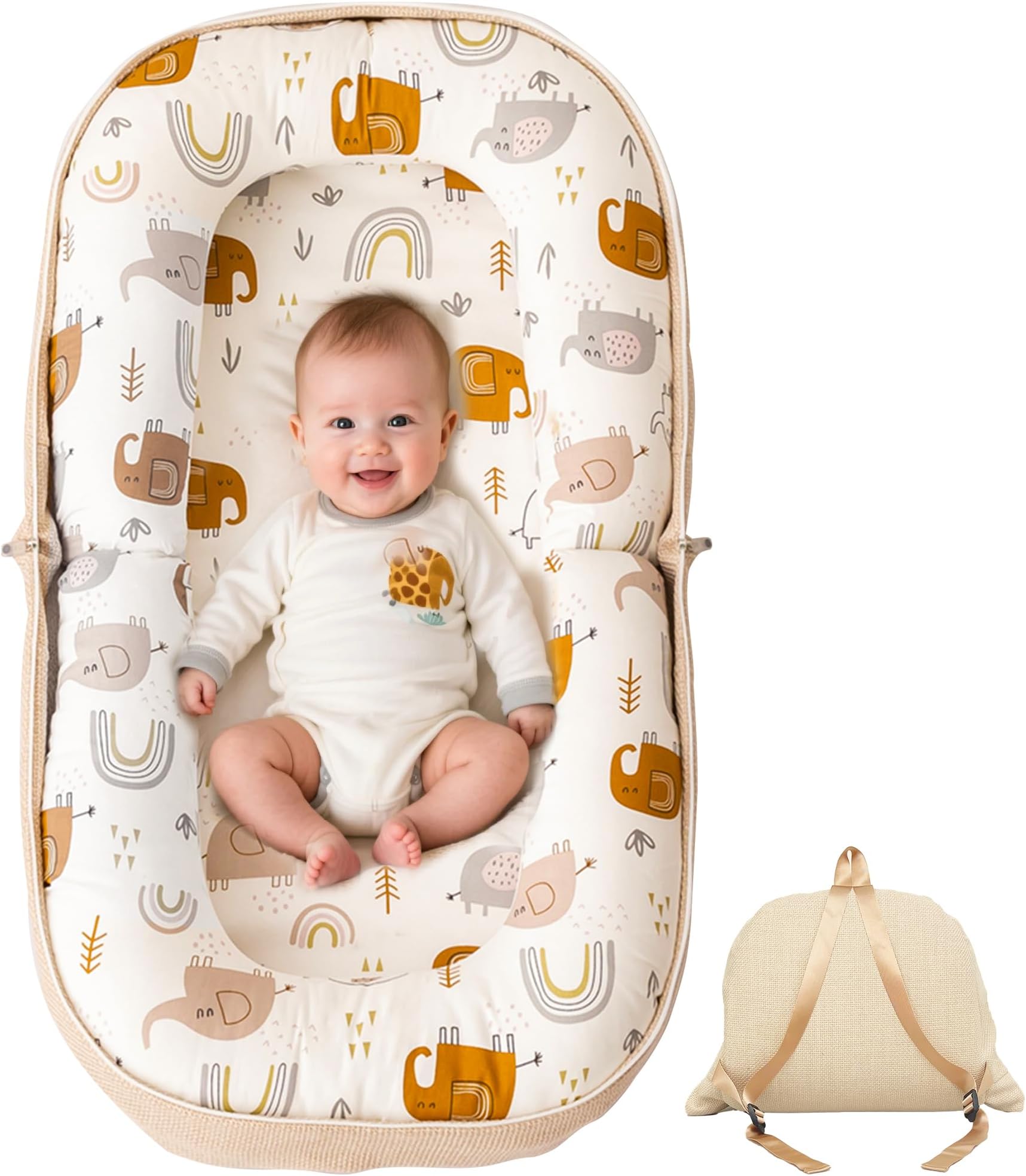 Baby Lounger, Foldable Infant Nest Pillow with Soft Memory Foam Mat, Cover with Adorable Pattern, Converts to Backpack for Easy Travel, 0-12 Months, White