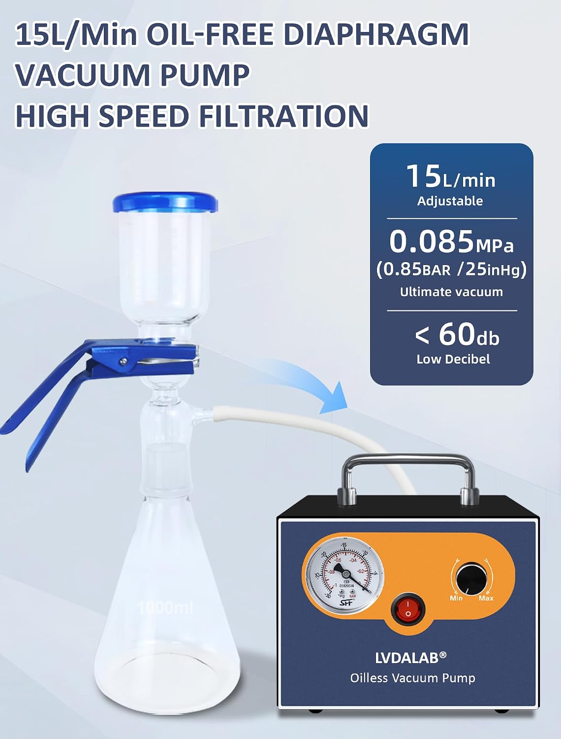 Adjustable 15L/Min Oilless Diaphragm Lab Vacuum Pump, Filtration&Degassing photo 3