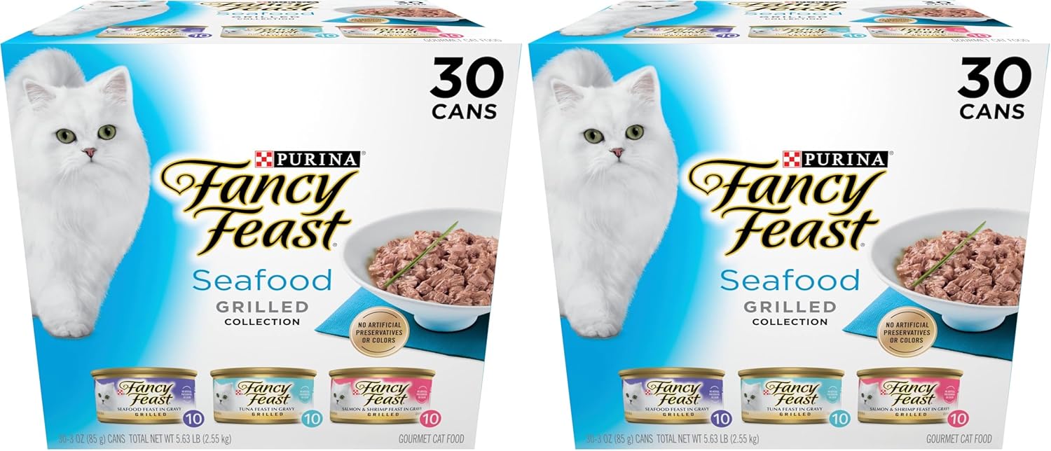 Fancy Feast Purina Grilled Wet Cat Food Seafood Collection in Wet Cat Food Variety Pack - 3 oz. Cans,(Pack of 60)