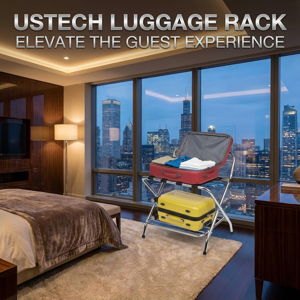 USTECH Single-Tier Luggage Rack High Back – Chrome Foldable Suitcase Stand with Portable Utility, Ideal for Guest Room, Bedroom, Hotel & Closet Storage - Easy Self-Assembly Included (Pack of 1)