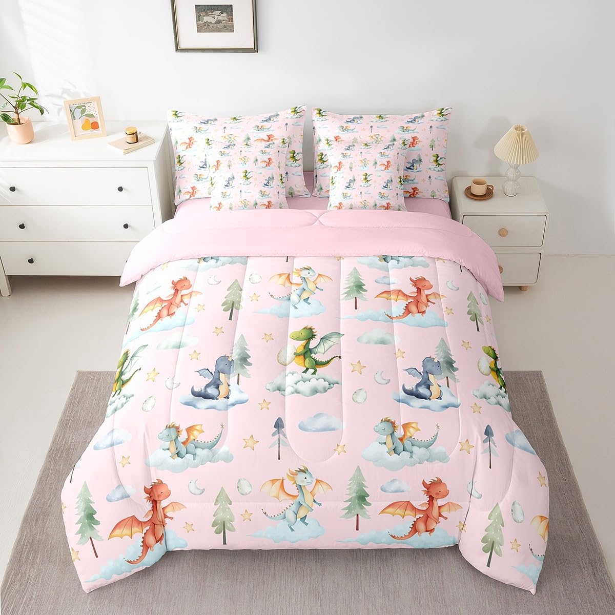 (Similar to stock photo) Twin Comforter Set with Sheets for Kids Boys Girls Baby Dragon 7 Pieces Bedding Set Cute Animals Bed in a Bag Tree Botanical Room Decor Kawai Cloudy Soft Microfiber Pink Orange Green Pink Orange Green Twin
