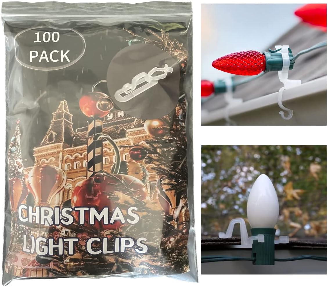 Christmas Light Clips, Holiday Light Hanging Clips, All in One Clip for C7 C9, Gutter Hooks for Outside Outdoor Roof (100 Pack)
