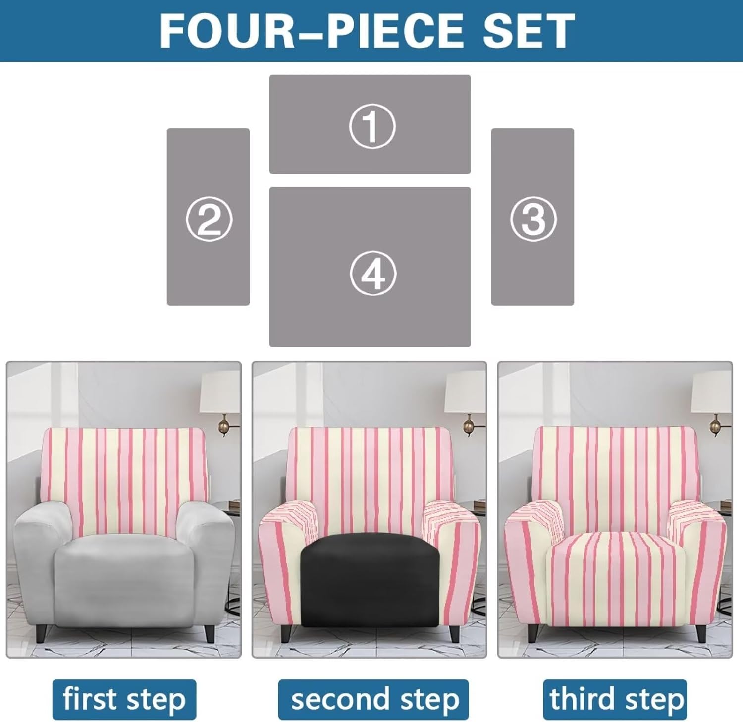 Pink Stripes 4-Pieces Recliner Covers Stretch Sofa Slipcover for Chairs,Anti-Slip Chair Cover with Pocket Washable Furniture Protector with Elastic Bottom,1 Seater Sofa