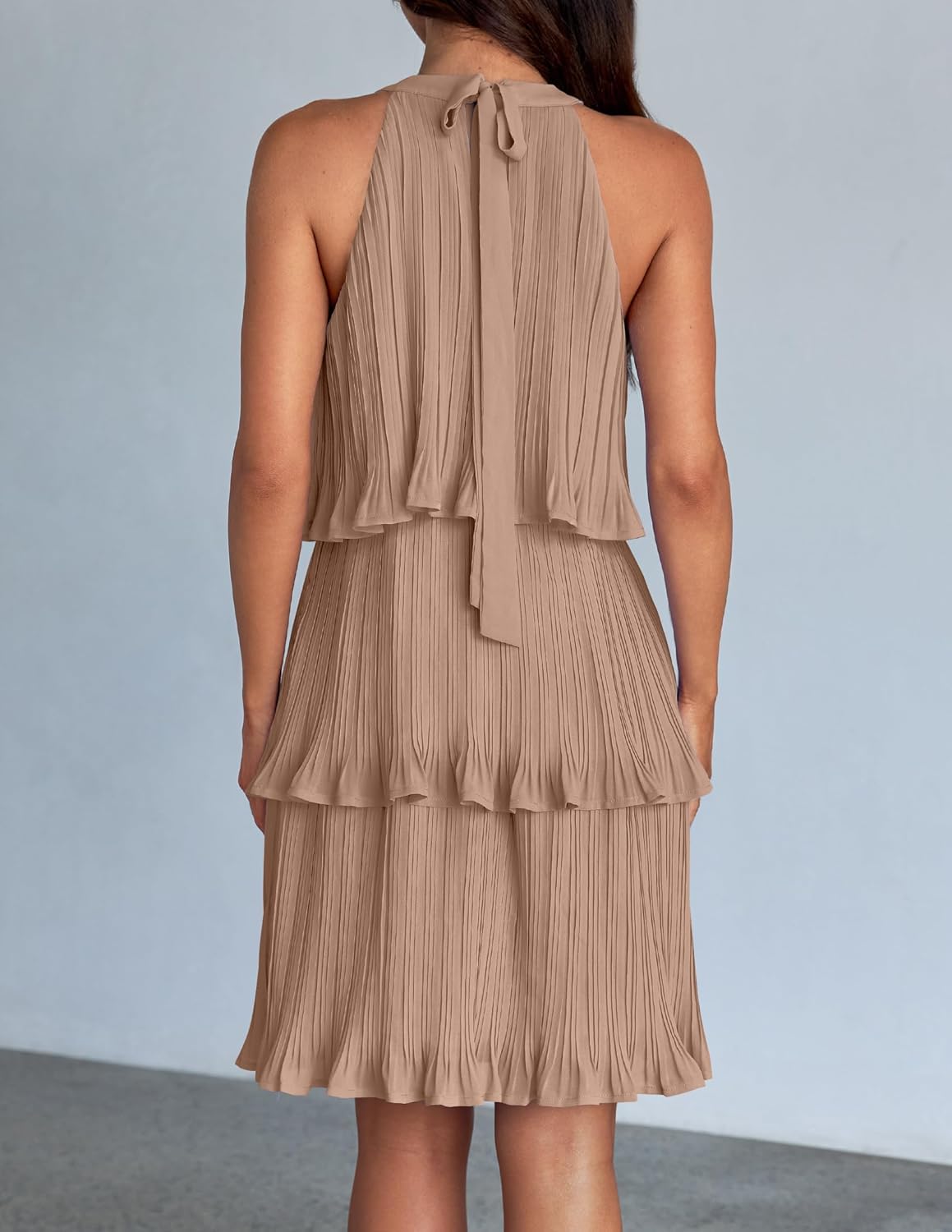 ZESICA Women's 2026 Summer Halter Dresses Sleeveless Ruffle Tiered Layered Chiffon Pleated A Line Swing Mini Dress - Image 4