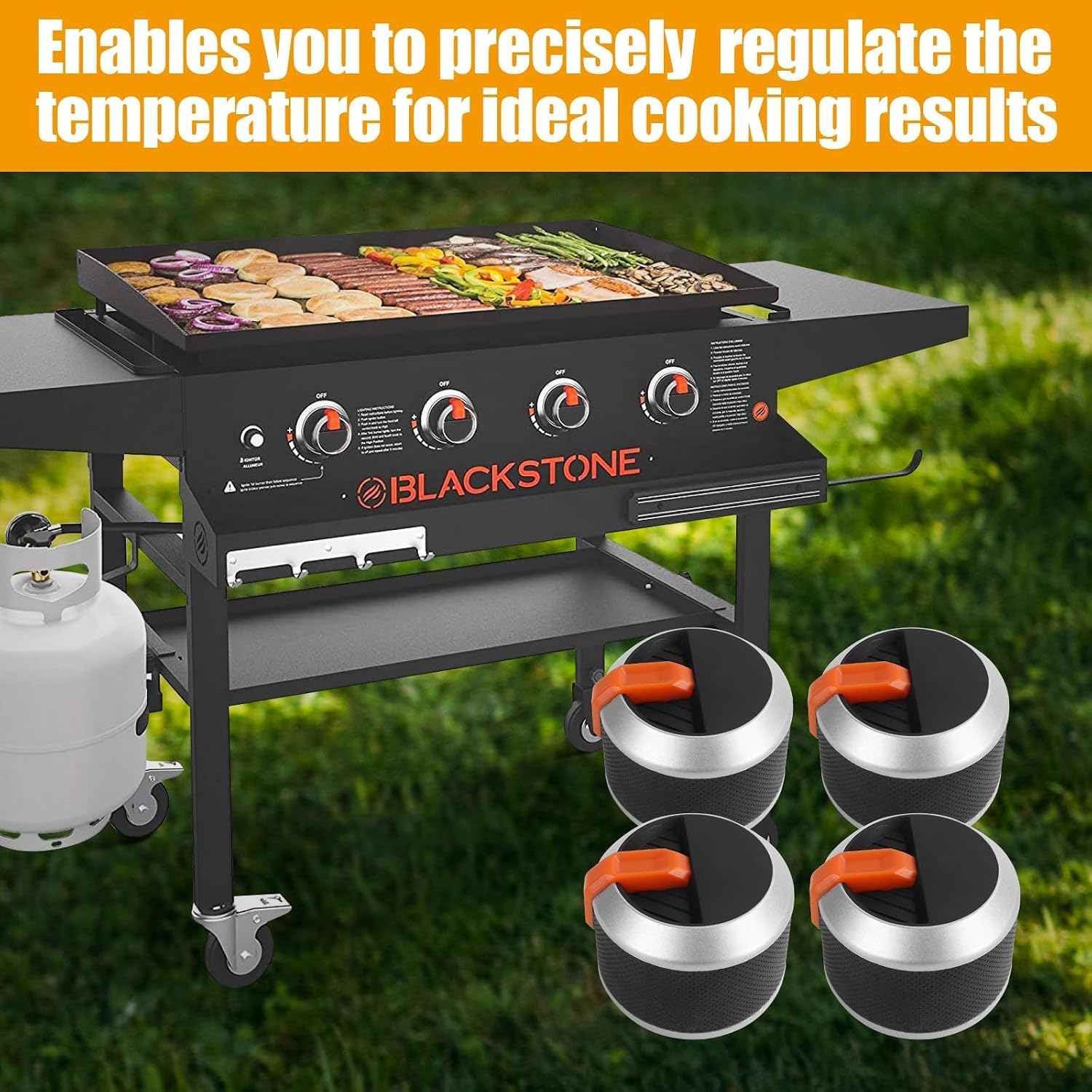 LS'BABQ Gas Grill Griddle Knobs Replacement for Blackstone 1666 1517 1554 1825 1836 Grills, 2 & 4 Burner Gas Griddle Control Knobs for Blackstone 17" 22" 28" 36" Griddle Accessories, 4-Pack, Orange