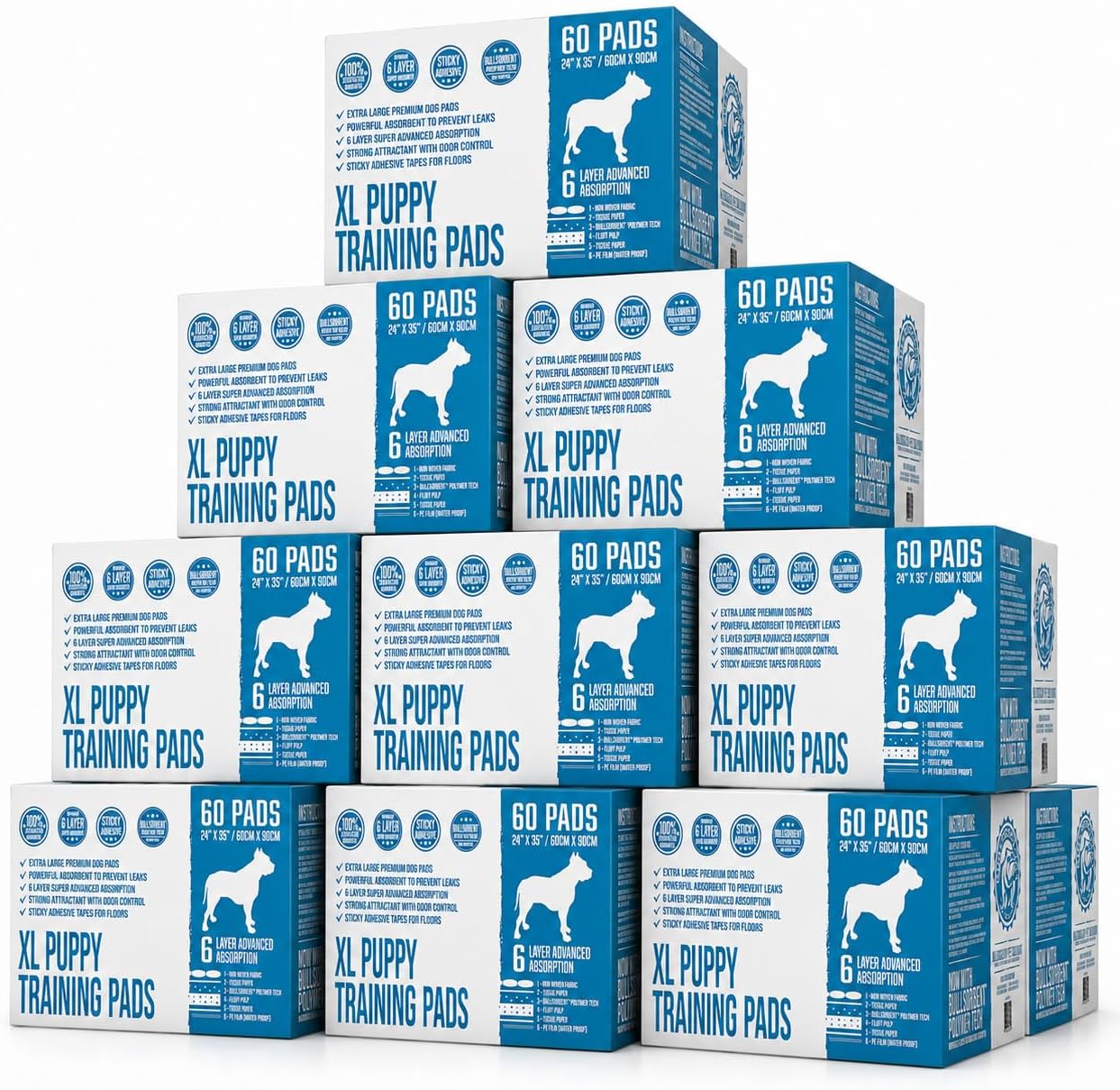 Bulldogology Puppy Pee Pads XL with Adhesive Sticky Tape - Extra Large Dog Training Wee Pads (24x35) 6 Layers with Extra Quick Dry Bullsorbent Polymer Tech (180-Count, White)