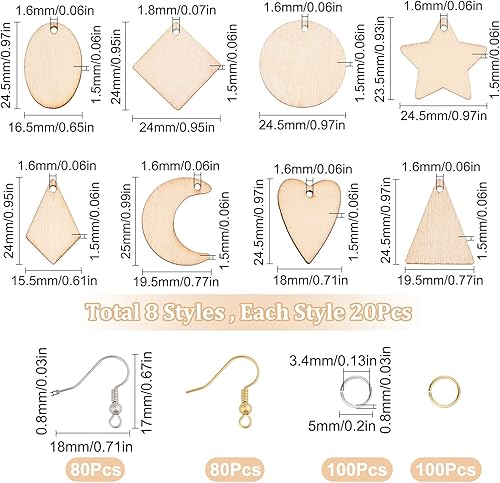 Miniatura 2 de SUNNYCLUE 520 piezas de 80 pares de aretes de madera sin terminar, kit de aretes de madera en blanco, dijes grandes de madera, 160 ganchos para