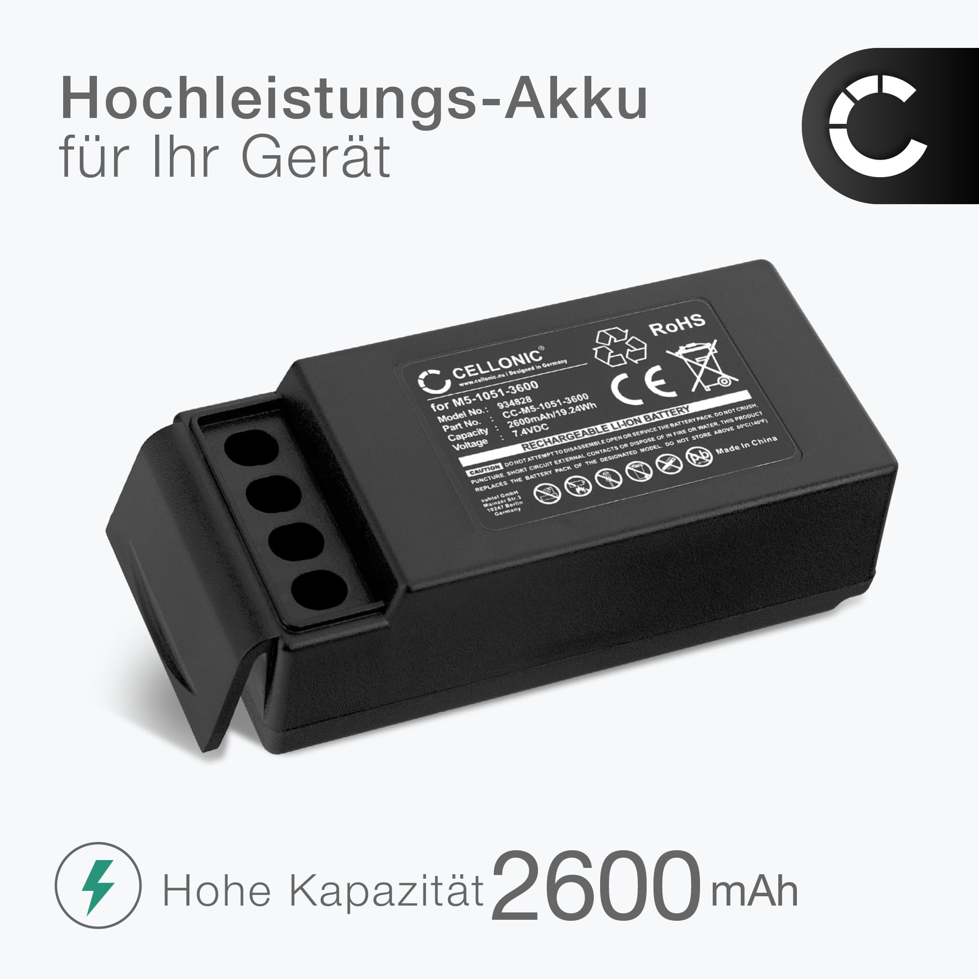 subtel, Batería para mandos a Distancia Compatible con Cavotec M9-1051-3600 EX, MC-3, MC-3000 (2600mAh, 7.4V)