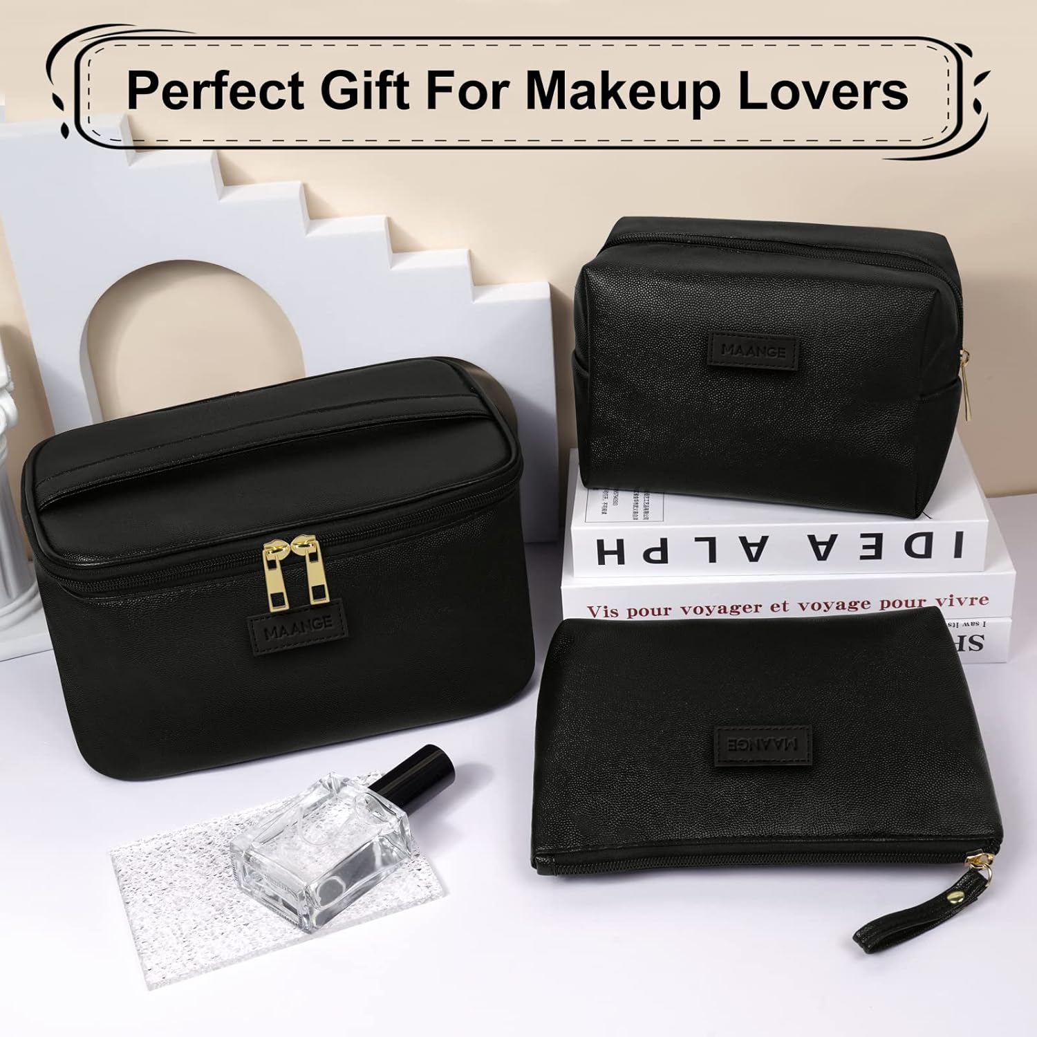 MAANGE Makeup Bag - Large Cosmetic Bag with 2pcs Small Makeup Bags Portable Leather Travel Makeup Bag Set Toiletry Bag Make Up Bags for Women and Girls (Black) - Image 7