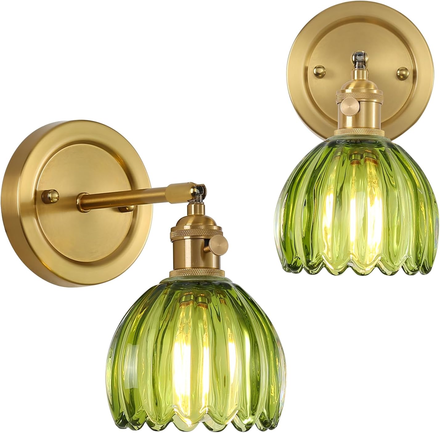 Vintage Wall Sconces Set of 2 Corded Wall Sconce Indoor Wall Mount Lamp with Tulip Glass Shade 180°Adjustable Victorian Art Wall Light with Twist Switch for Bedside Doorway (Green, Hardwired) Green Hardwired