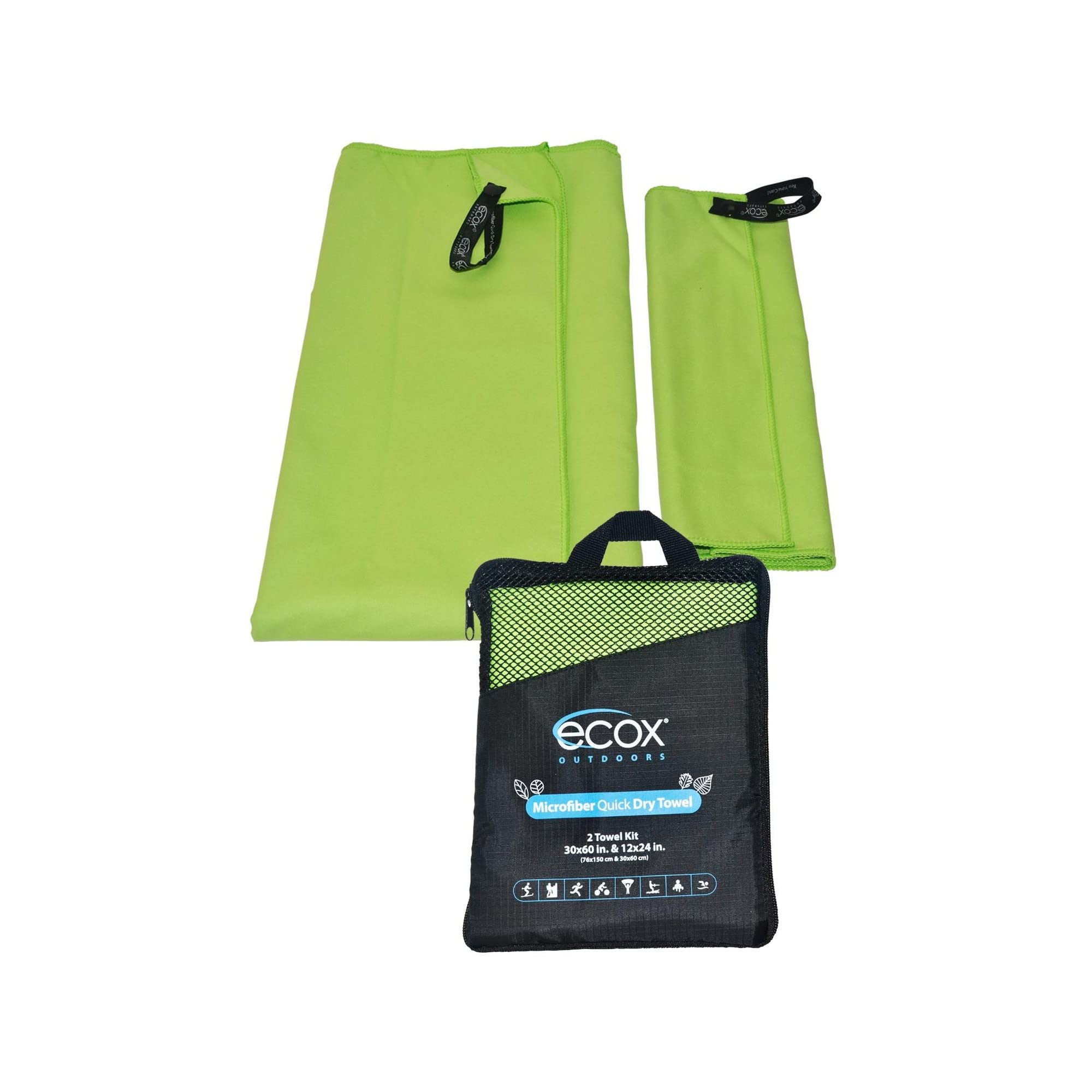 ecoxOutdoors Microfiber Towel Fast Drying Soft Feel Fast Action Drying for Gym Beach Outdoors Travel Yoga Camping Compact Size 2 piece Set 30x60 in and 12x24 in Green MFT2PG