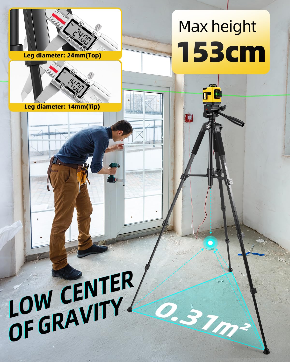 Treppiede in Alluminio 150 cm per Livellatori Laser | 0.8 mm Spessore & Gambe Esagonali | Testa Panoramica 360° | Doppia Filettatura 1/4" & 5/8" | per Laser Linea, a Punto e Professionali
