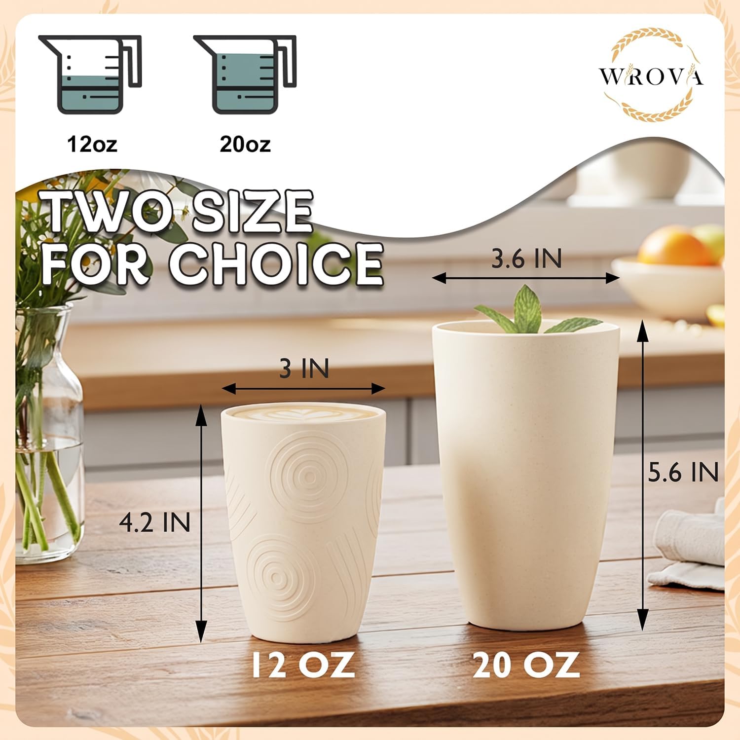 Wrova Wheat Straw Cups Set 6-Piece, 12 OZ Plastic Cups Reusable Drink Cups image 3