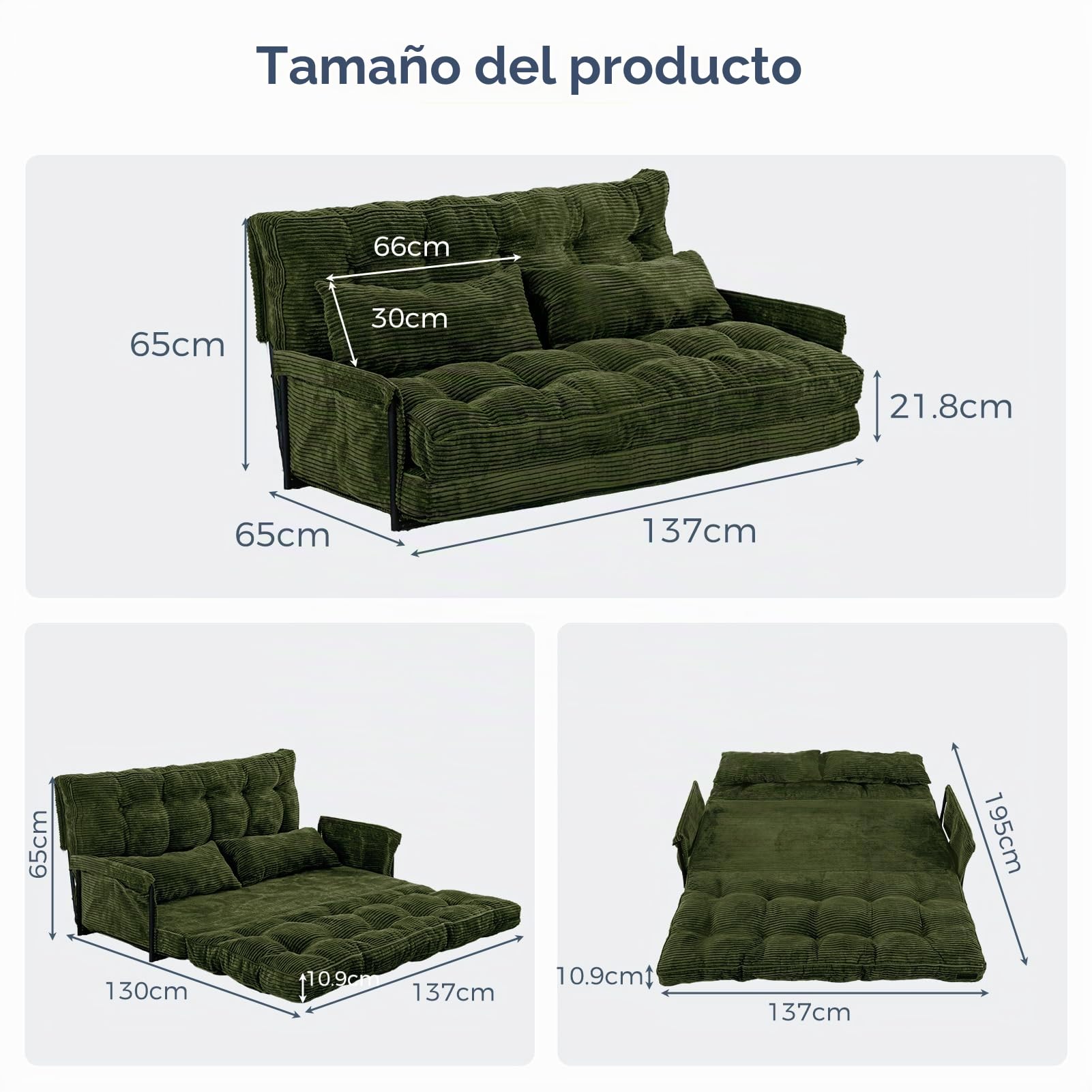 MAXYOYO Sofá Cama Ajustable con 2 Almohadas, Sofá Cama Multifuncional Tipo Puf, Sofá Cama Plegable de 5 Posiciones con Reposabrazos, Asiento Versátil para Leer en el Suelo, Gris Oscuro, Doble