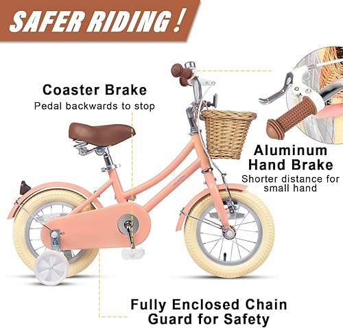 Miniatura 3 de Glerc Little Molly - Bicicleta de crucero retro para niños de 2 a 13 años de edad con cesta de mimbre y ruedas de entrenamientosoporte, varios