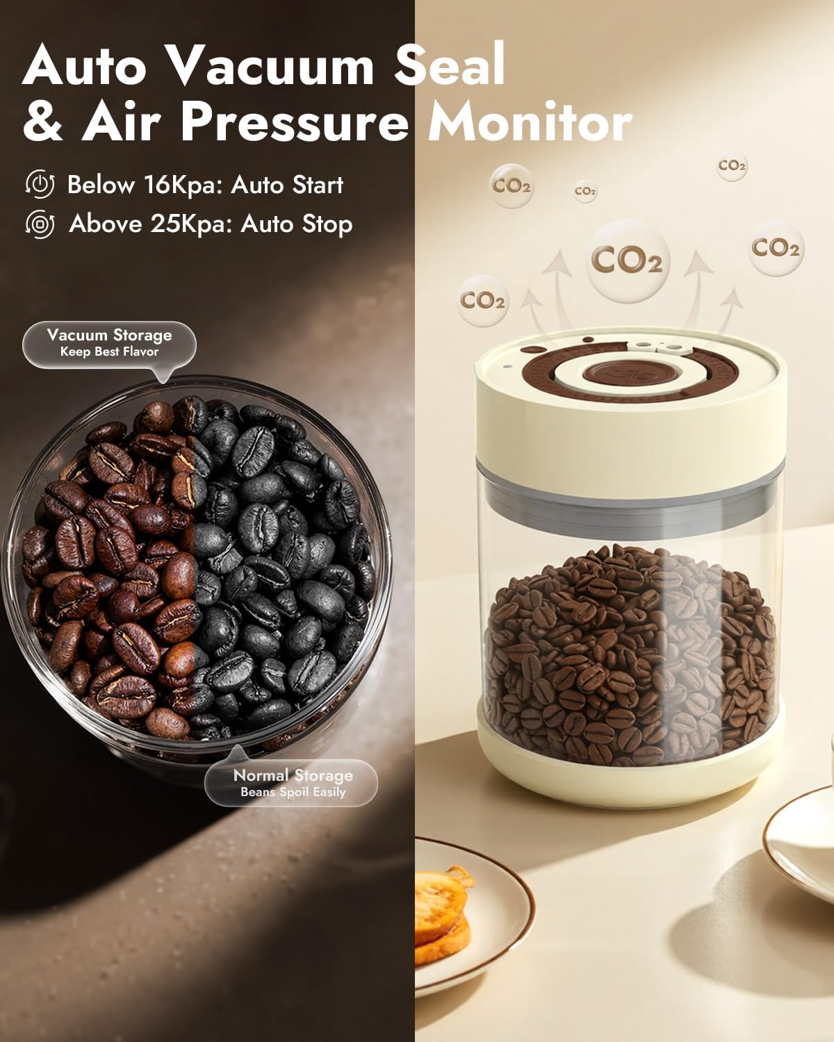 Electric Vacuum Coffee Canister & Food Storage Jar – One-Button Operation Auto Airtight Sealed Coffee Container, 34 fl oz for 0.9 lb Beans