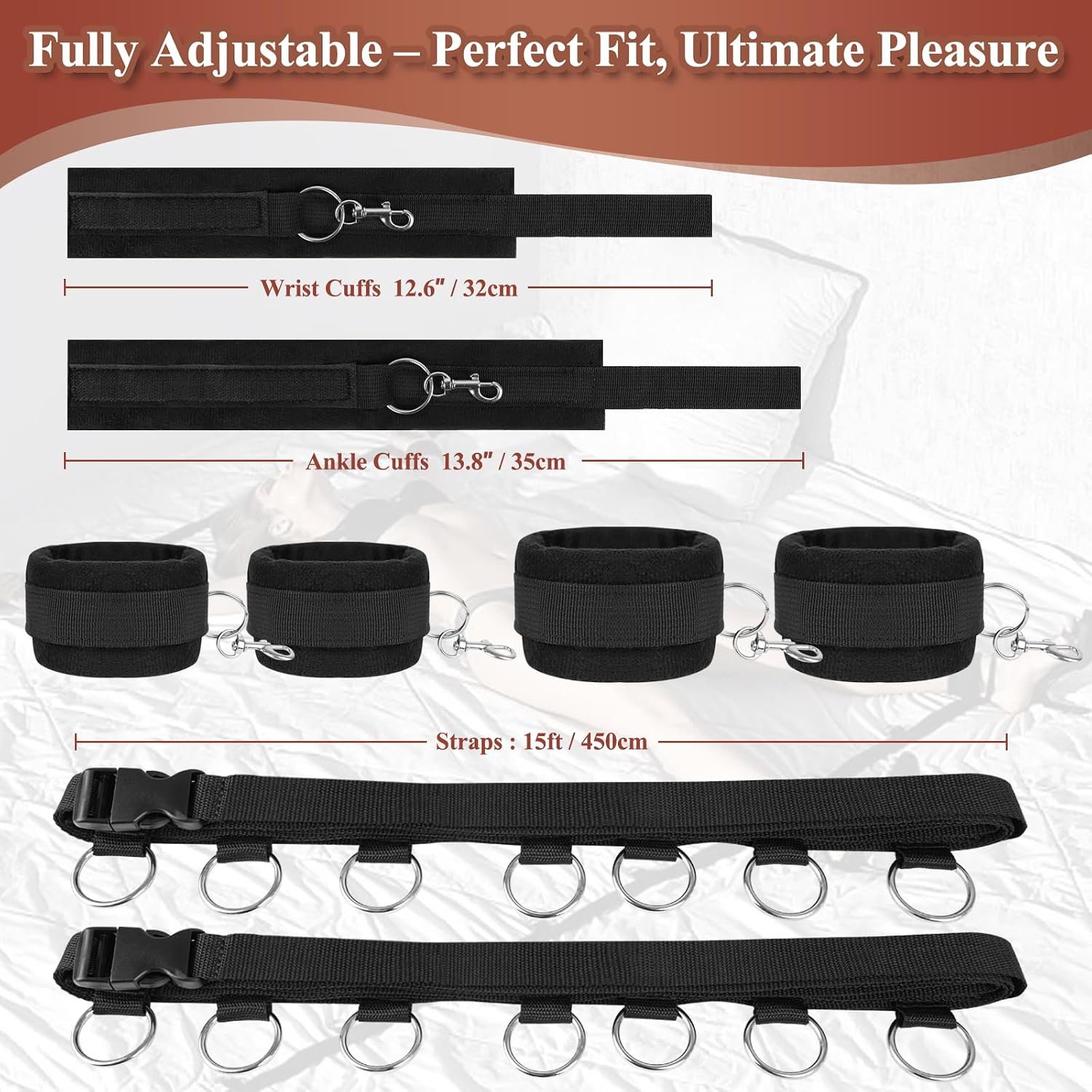 Sex Bondage BDSM Kit for Couples, Under Bed Restraints System with Adjustable Wrist & Ankle Cuffs, Sex Restraints Bedroom Bondage Set for Adult Role Play & SM Games