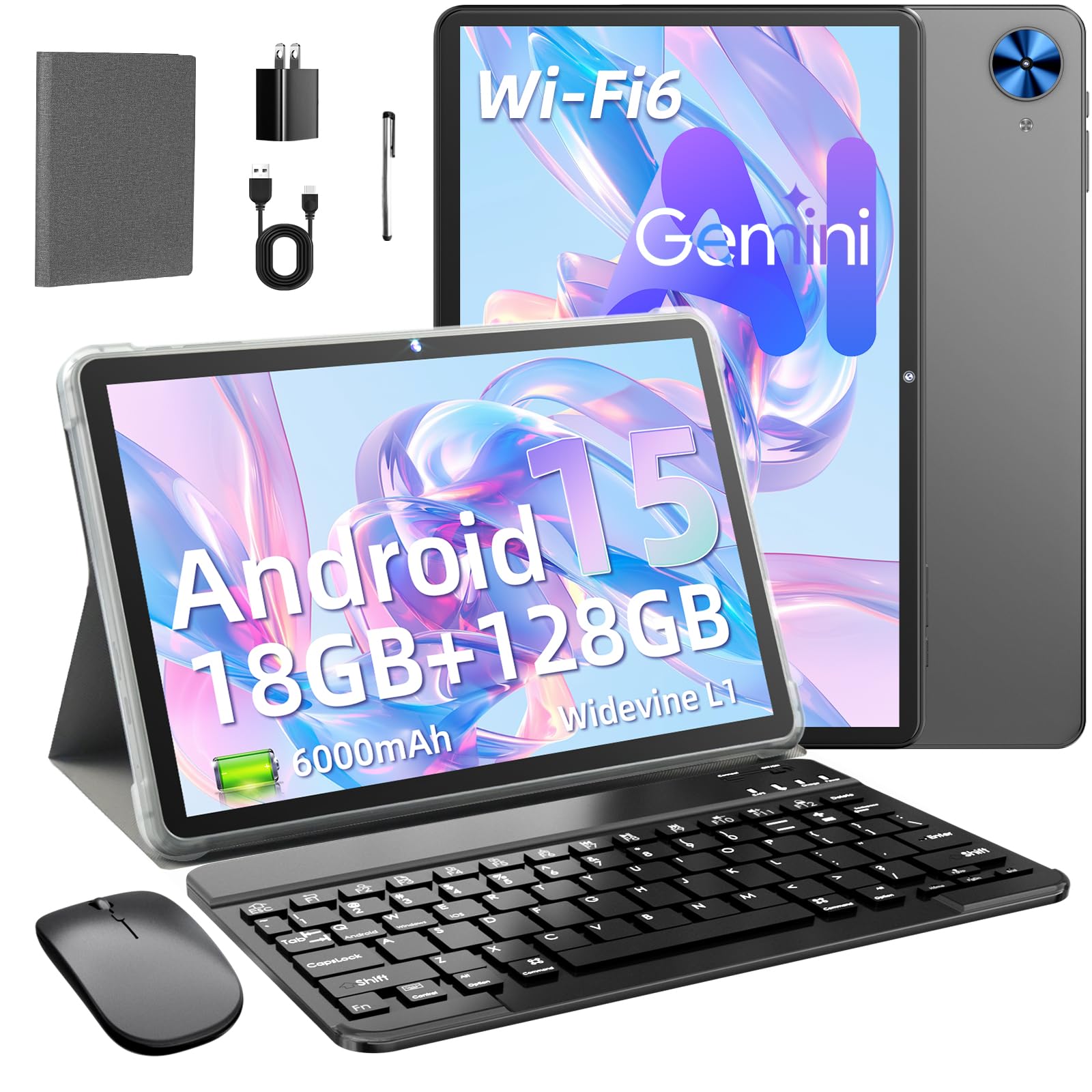 Tablet 10.1 Zoll mit Hülle, Tastatur, Maus, Android 15 Tablets | 18GB RAM+128GB ROM 1TB Erweiterbar, Widevine L1-Kompatibles Octa-Core Tablett mit WiFi 6, 6000 mAh, 5MP+8MP, Grau