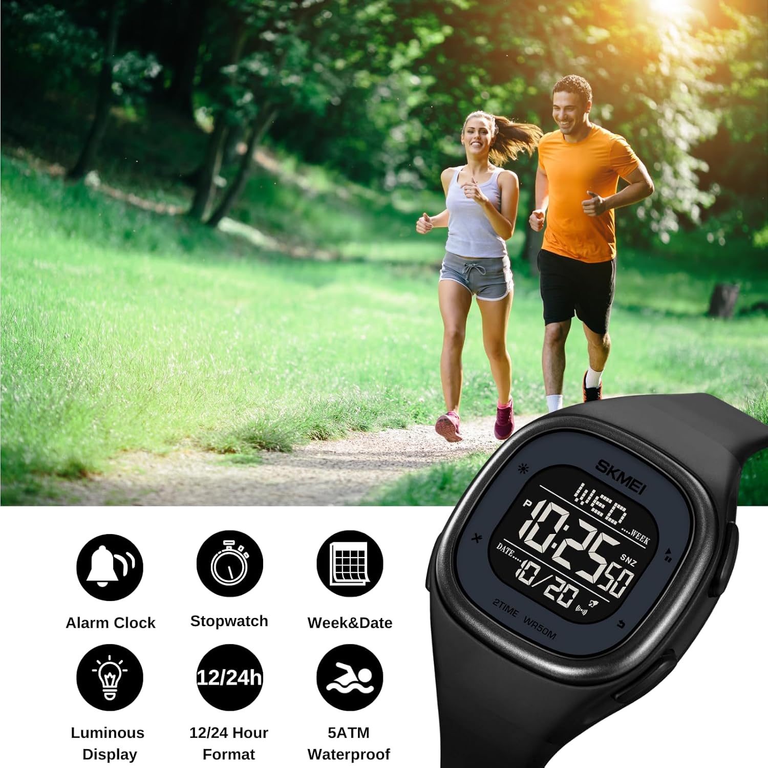 Miniatura 4 de CakCity Reloj digital para hombre, impermeable, reloj deportivo con cronómetro, cuenta regresiva, doble hora, cuadrado, relojes digitales unisex