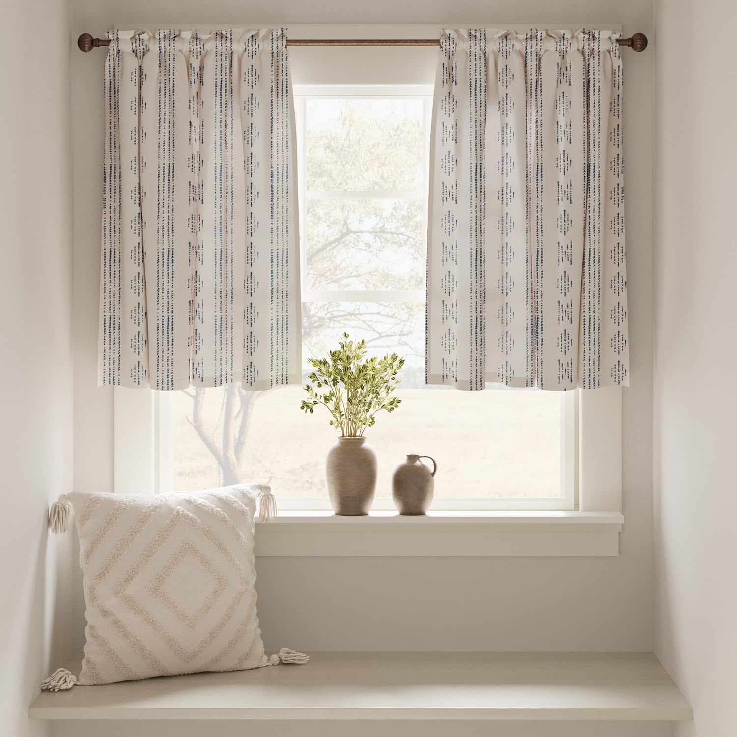 TOPICK Boho Linen Blend Kitchen Curtains 36 Inch Drop Small Cafe Curtains Light Filtering Tier Curtain for Bathroom RV Baset Sink Cupboard Rod Pocket Blue on Beige 2 Panels - Image 3