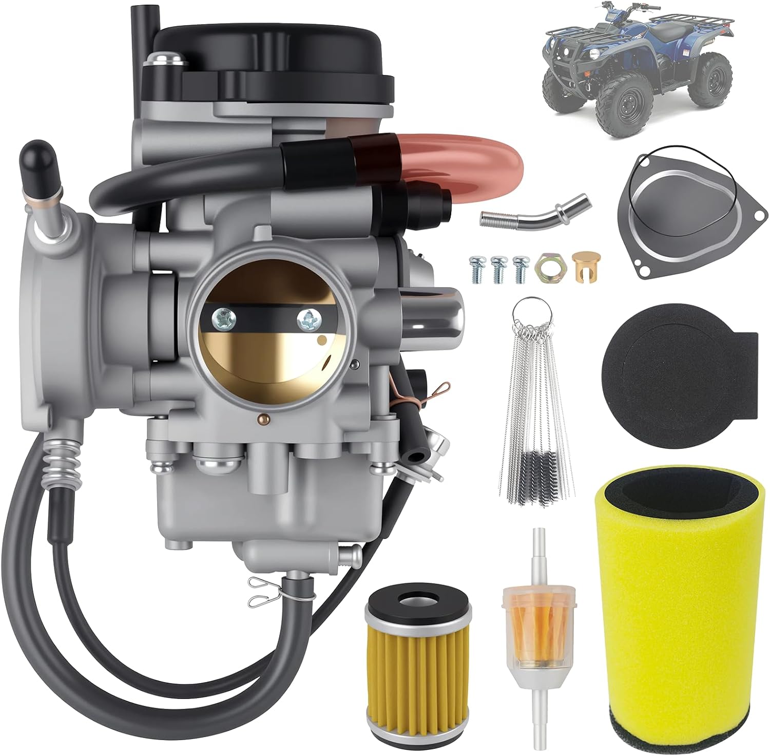 YFM400 Carburetor Carb Kit Compatible with 2000-2014 Yamaha Big Bear & Kodiak 400, Wolverine 450, Grizzly 350/450 ATVs w/Includes Air Filter, Fuel Filter & Cleaning Brush