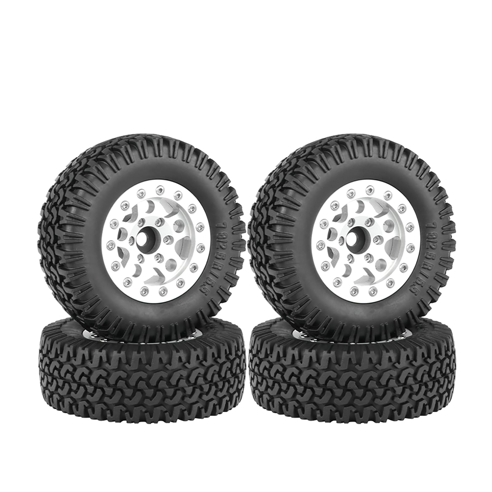 KINGCOO 4PCS 1.55Inch Aluminum Alloy Metal 5Spoke Beadlock Wheel Rims and Rubber Tires Set for 1/10 RC Rock Crawler Car for Axial AX90069 UTB18 D90 TF2 Tamiya Upgrade Parts (Silver, 76MM-A)