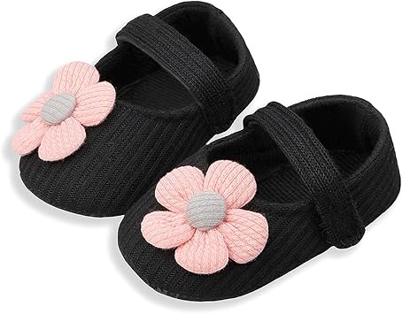 Infant Girls Walking Shoes, Princess Bowknot Flats Prewalker, Cartoon Soft Sole Wedding Dress Sneakers, Newborn Light Baby Soft Bottom Warm Crib Shoes Flowers Black,0-5 Months Infant