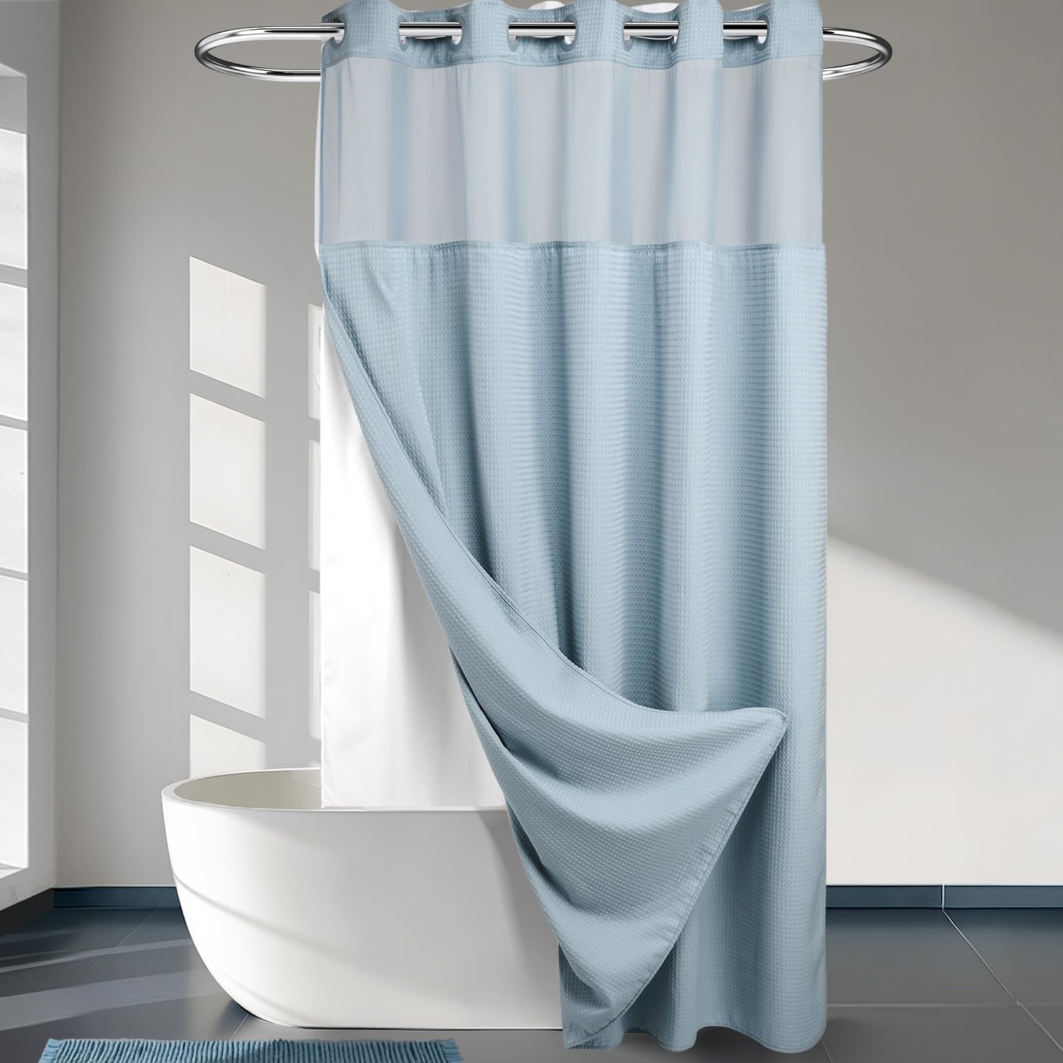 River Dream Heavyweight No Hooks Required Dotted Waffle Weave Shower Curtain with Snap in Liner -Extra Long 71W x 86H,Hotel Grade,Spa Like Bath Curtain,Blue