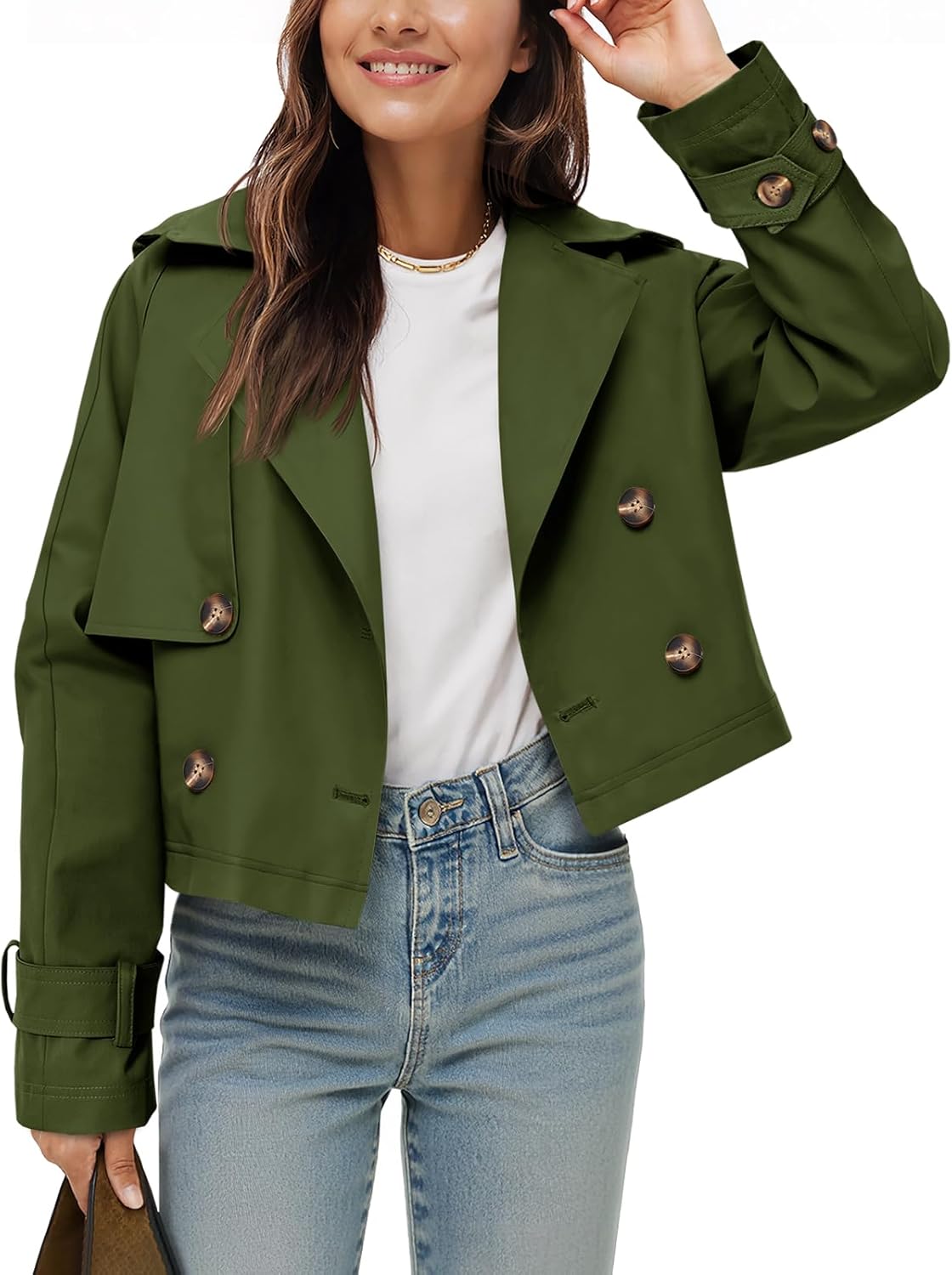 Tankaneo Womens Cropped Trench Coat Lapel Double Breasted Short Jacket Outwear