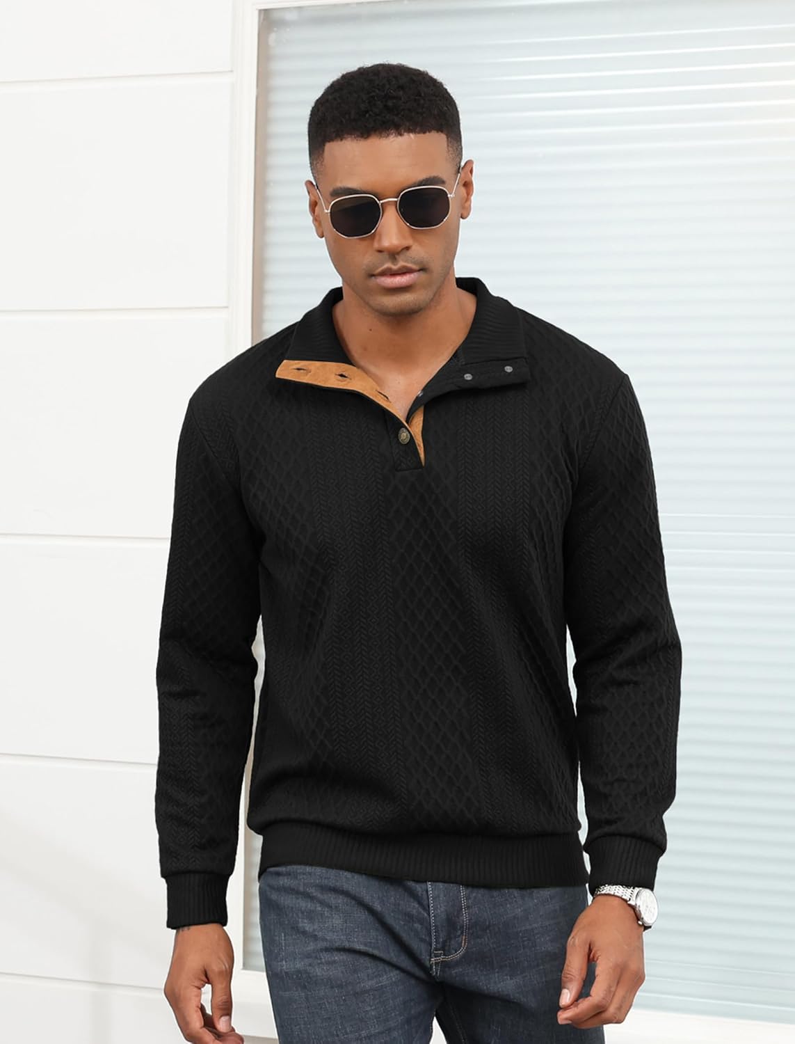 Lexiart Mens Casual Knitted Pullover Sweater Long Sleeve Stand Collar Vintage Button Sweaters with Elbow Patches - Image 6