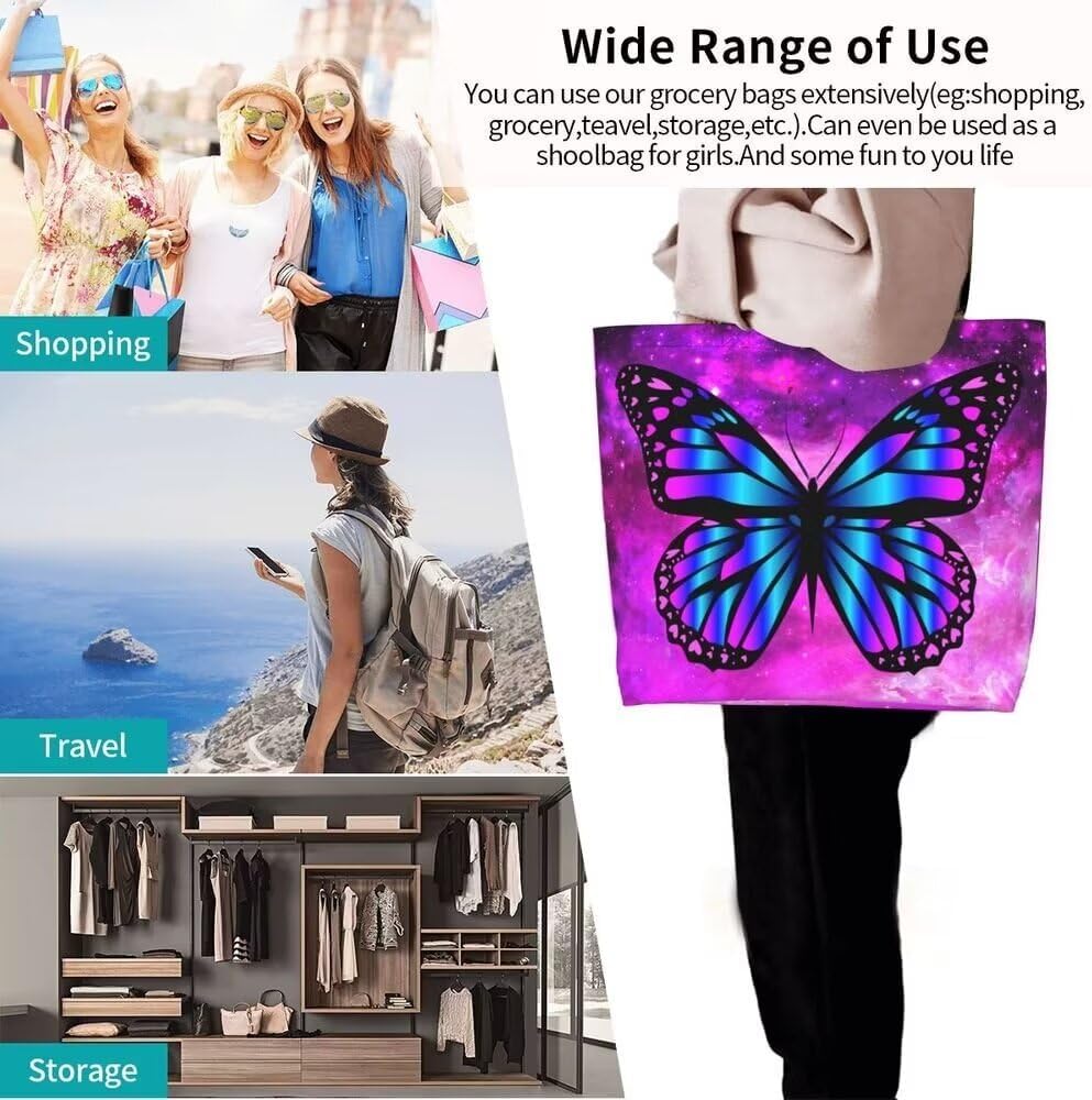 Purple Butterfly Gym Tote Bags for Women,Cute Butterfly Purse Print Shoulder Reusable Shopping Handbags Casual Travel Work Daily Waterproof Summer Grocery Bag Holiday Gifts -Large - Image 6