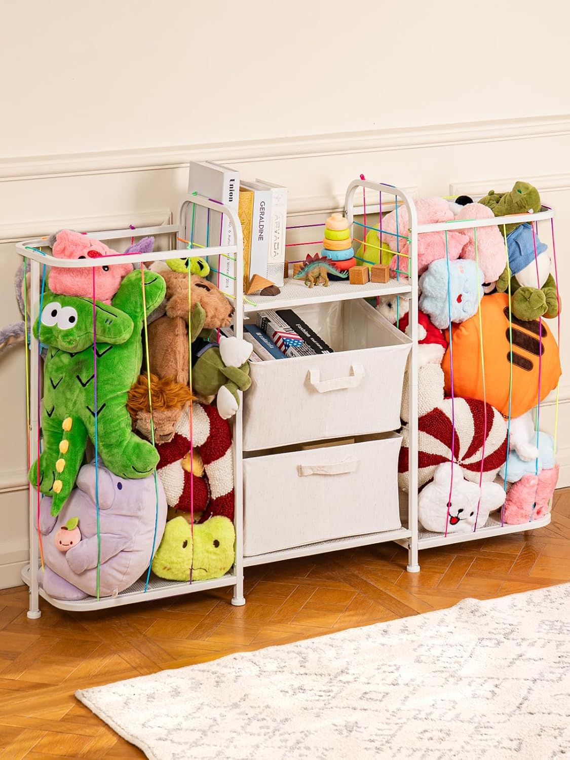 VBABY Kids Bookshelf and Toy Storage, 2-Tier Stuffed Animal Storage and Book Shelf for Kids Rooms, Toddler Montessori Bookshelf with Fabric Drawers for Nursery, Playroom, Bedroom