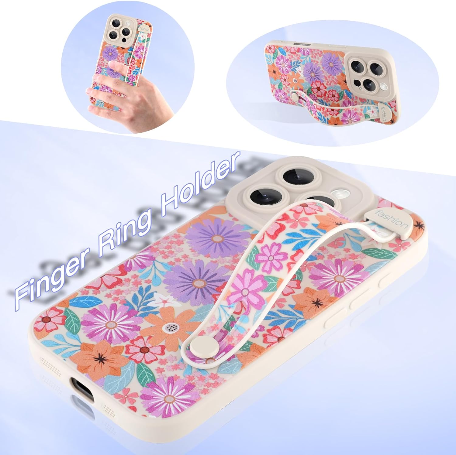 AIGOMARA for iPhone 16 Pro Case with Strap for Women Girls, Cute Colorful Floral Flowers Pattern, Soft Wristband Kickstand Silicone Protective Cover, White - Image 2