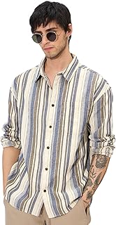 The Souled Store Stripes: Cream, Blue Men and Boys Long Sleeves Collared Neck Button Front Regular Fit Textured Shirts