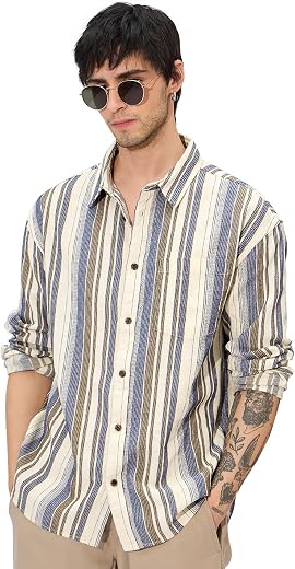 The Souled Store Stripes: Cream, Blue Men and Boys Long Sleeves Collared Neck Button Front Regular Fit Textured Shirts