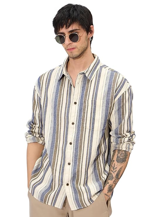 The Souled Store Stripes: Cream, Blue Men and Boys Long Sleeves Collared Neck Button Front Regular Fit Textured Shirts