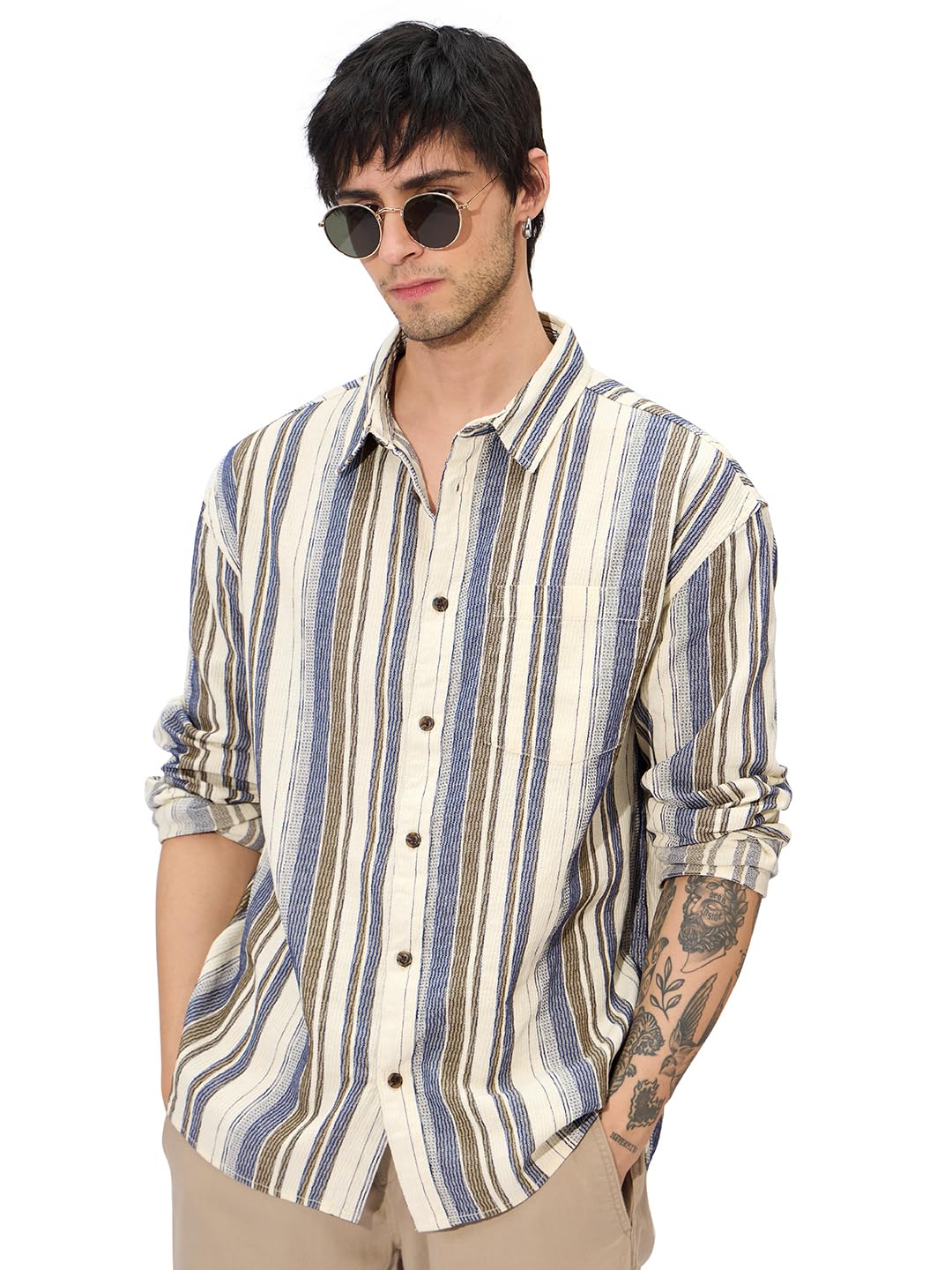 the souled store Stripes: Cream, Blue Men and Boys Long Sleeves Collared Neck Button Front Regular Fit Textured Shirts-picture-42