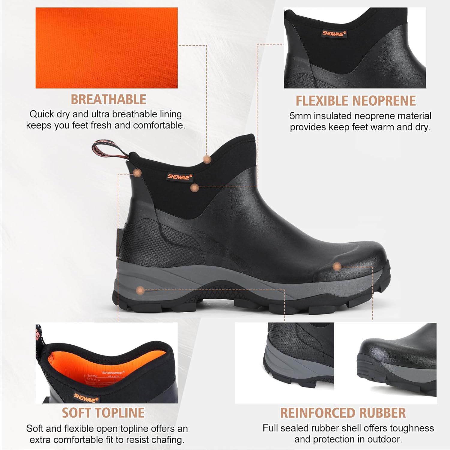 Showave Men's Rubber Boots Waterproof Rain Footwear Durable Short Hunting Boots for Mud Gardening Yard and Chore Working