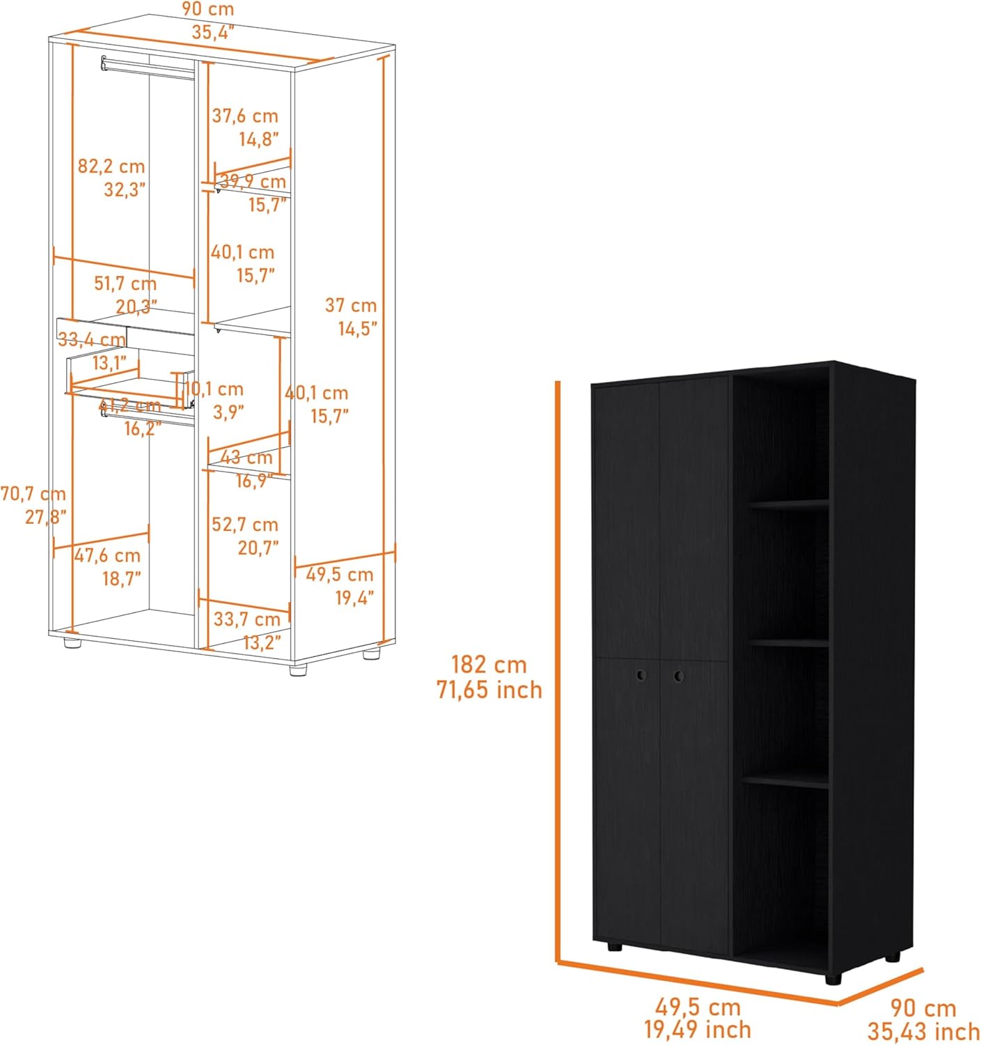 Bethel Armoire Closet with 1-Drawer, 4 Doors, 4 Open Storage Cabinets and 2 Hanging Rods, Black