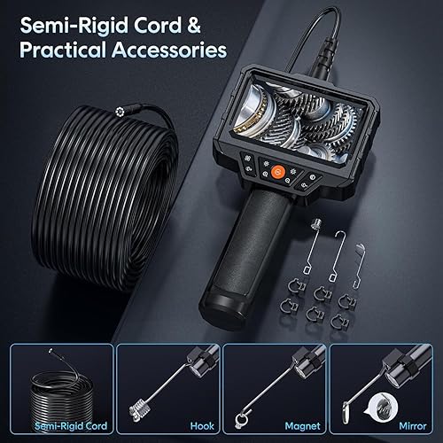 Miniatura 11 de Endoscopio con luz y cable semirrígido de 16.4 pies, boroscopio de mano 4.3 pulgadas HD 1080P, 8 luces LED ajustables, cámara de inspección
