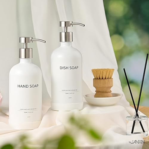 Miniatura 7 de Juego de dispensador de jabón de cocina de vidrio con bandeja de cerámica, dispensador de jabón de manos y platos de 16.9 onzas para decoración de